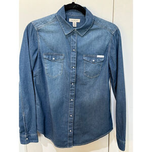 Women's Calvin Klein Jeans Blue Denim snap front flap pockets Shirt XS